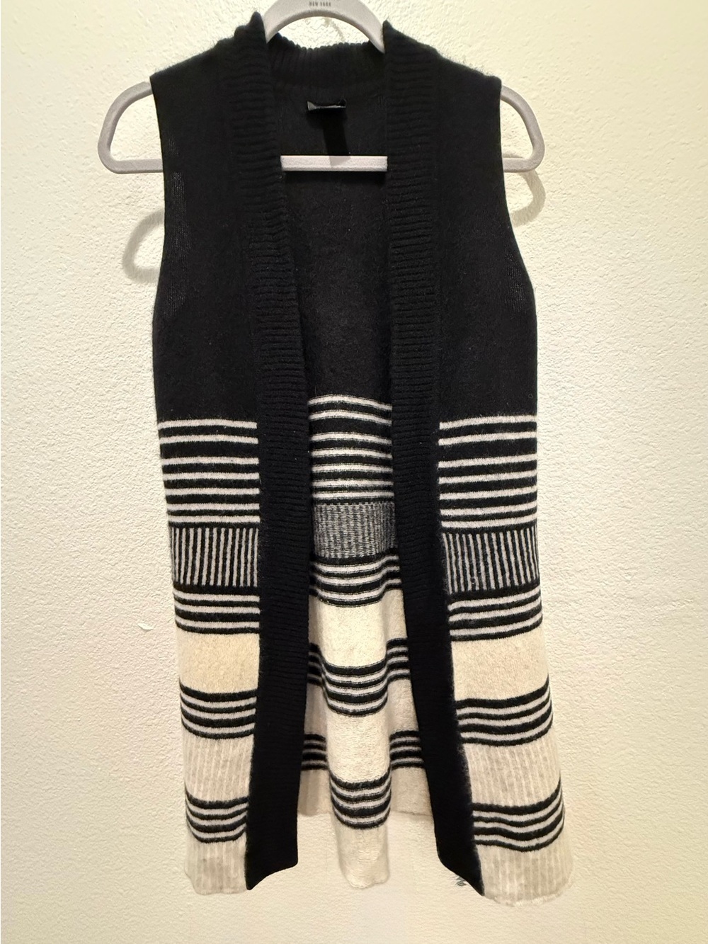 Only Mine 100% cashmere long cardigan sweater open vest blk/ivry/gry stripe S